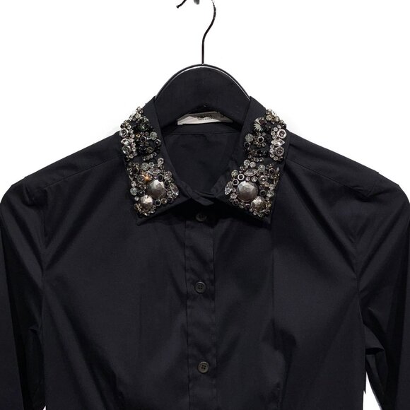 Prada Black Cotton Shirt with Crystals Embellished Collar - Picture 4 of 10